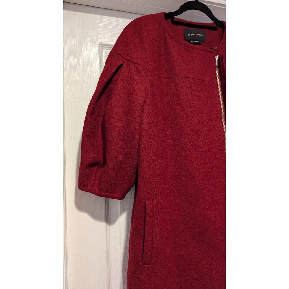 BCBGMaxazria Size Medium Maroon Wool Blend Puff Short Sleeve Jacket Driving Coat - Picture 4 of 8
